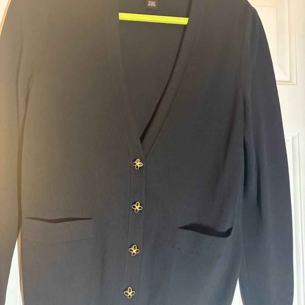 St. John Black Knit Cardigan with Gold/ Black Buttons